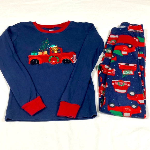 Gymboree unisex blue and red Christmas tree truck two piece pajamas set size 12 - Picture 1 of 4
